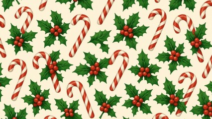 Festive candy cane holly pattern desktop wallpaper