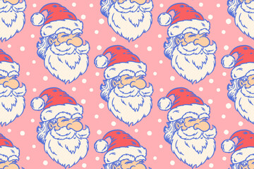 Vector vintage seamless pattern of Santa Claus and snowflakes. Retro vector pattern with Santa Claus for Christmas.
