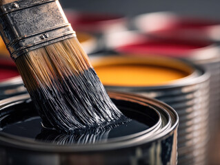 Paintbrush dipped into a can of black paint with blurred open cans of yellow and red paint in the background on a dark surface showing artistic color selection for p