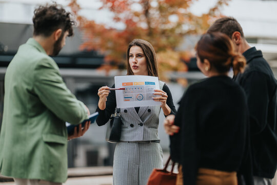 A woman in a gray suit explains a chart to a small group outside an office building. Autumn colors create a warm, collaborative scene of a casual business gathering.