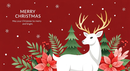  A festive vector illustration featuring a white reindeer with golden antlers, poinsettia flowers, and pine trees on a red background, perfect for Christmas cards, banners, or holiday greetings. © bikram