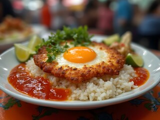 Street Style Fried Egg with Rice: A vibrant plate of fried egg served over jasmine rice with chili fish sauce, lime, and herbs on a colorful street food table.