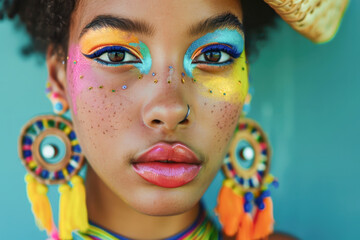 Colorful makeup on young African woman with creative earrings and freckles.