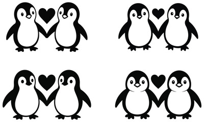 Obraz premium Set of cute penguin couple illustrations holding hands with hearts above them in black and white design 