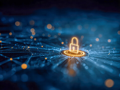 Glowing digital padlock symbolizing cybersecurity protection over a futuristic blue network grid with bright connected nodes and data flow pathways