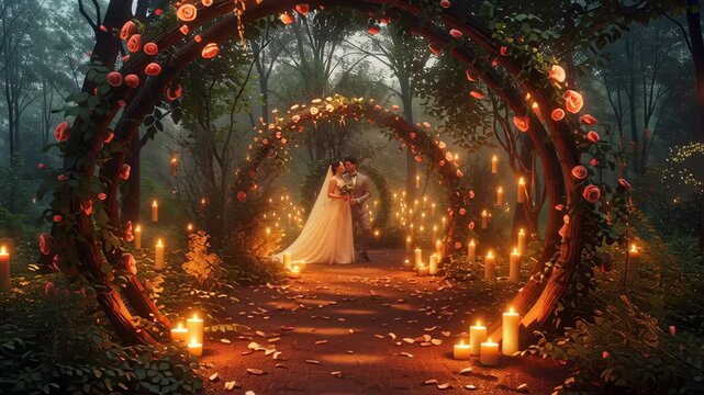 Romantic Wedding in Enchanted Forest: A couple shares a tender kiss under a floral archway, surrounded by the soft glow of candles.