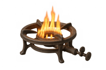 Vintage cast iron gas burner with active flame, providing heat and energy for cooking, isolated on transparent background