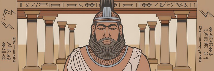 Ancient Sumerian god Enlil depicted as the storm and wind deity of the Anunnaki surrounded by grand Mesopotamian temples intricate carvings and mythic symbols stylized 2D cartoon illustration design