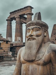 Ancient Sumerian god Enlil depicted as the storm and wind deity of the Anunnaki surrounded by grand Mesopotamian temples intricate carvings and mythic symbols stylized 2D cartoon illustration design