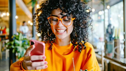 Social media joy: A vibrant individual beams with delight as they engage with social media on their mobile device, enjoying the moment in a brightly lit setting.