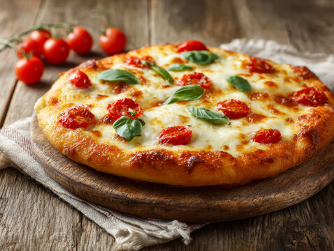 Freshly baked pizza topped with melted cheese, roasted cherry tomatoes, and fresh basil leaves served on a rustic wooden board beside ripe tomato clusters