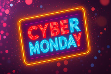 Neon Cyber Monday sign on festive background, perfect for online shopping promotions, digital sale ads, and holiday marketing