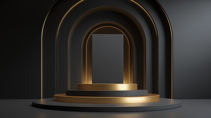 Fototapeta premium Elegant black and gold product display podium with arches for presentation