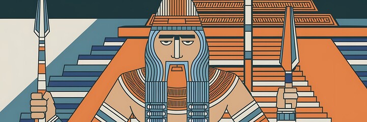 Ancient Sumerian god Enlil depicted as the storm and wind deity of the Anunnaki surrounded by grand Mesopotamian temples intricate carvings and mythic symbols stylized 2D cartoon illustration design
