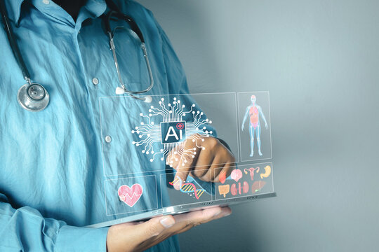Doctor holding a tablet with a futuristic virtual UI displaying an AI (Artificial Intelligence) chip, human body scan, and various organ icon  concept for AI in healthcare,healthtech.