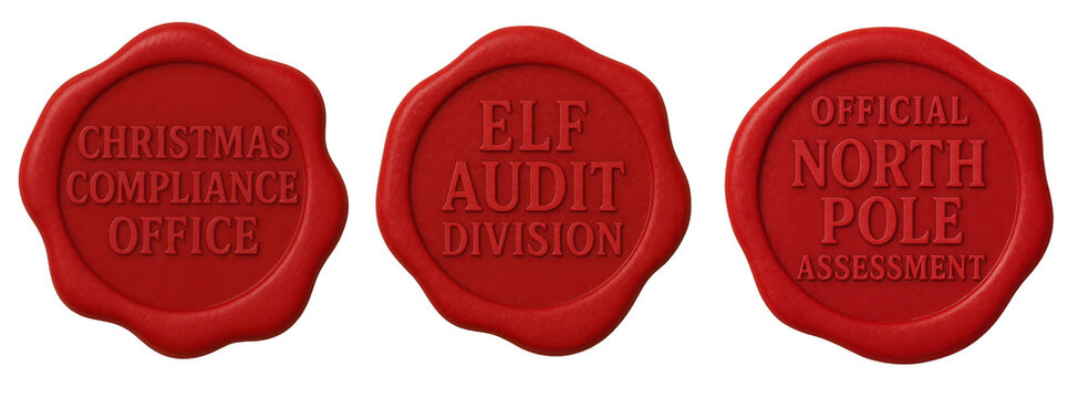 Official Christmas wax seal stamp set &mdash; Elf Audit Division, Compliance Office, North Pole Assessment
