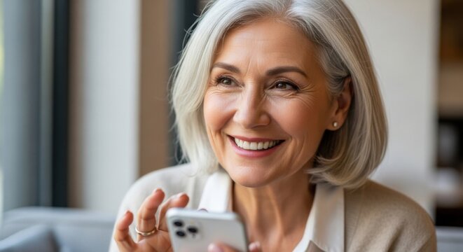 Close-up portrait of an elegant, beautiful mature woman with modern silver hair, smiling genuinely while using a mobile phone, representing active retirement and technology.