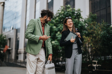 A man in a green blazer and a woman with a tablet share a lively, candid moment on a sunny urban street. They appear relaxed, connected, and upbeat, suggesting friendship and modern work life.