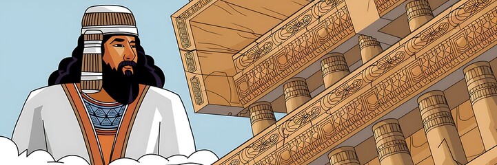 Ancient Sumerian god Enlil depicted as the storm and wind deity of the Anunnaki surrounded by grand Mesopotamian temples intricate carvings and mythic symbols stylized 2D cartoon illustration design