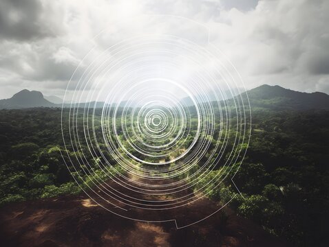 echoing. Sound waves echoing between canyon walls in a misty valley, wide landscape view. travel magazines, destination branding, designed for outdoor magazines and nature guides.