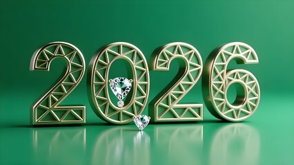 Golden 2026 numerals with diamond heart accents on a vibrant green background design on transparent background