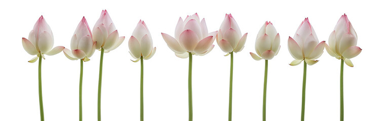 Fototapeta premium A line of light pink and white water lily blossoms stand tall in a row against transparent background
