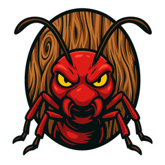 Powerful Red Ant Mascot Emblem, Fierce Insect Illustration with Wooden Background