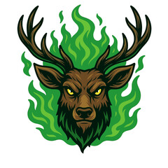 Vector illustration of a wild stag's head surrounded by green flames