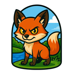 Vibrant and Playful Cartoon Fox Character with a Mischievous Grin Standing by a River