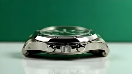 Silver wristwatch showcases intricate details against a vibrant green background today on transparent background
