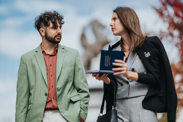 Man in a light green blazer and a woman in a gray dress converse outdoors, with the woman showing notes. The scene conveys collaboration, modern style, and street-level energy.