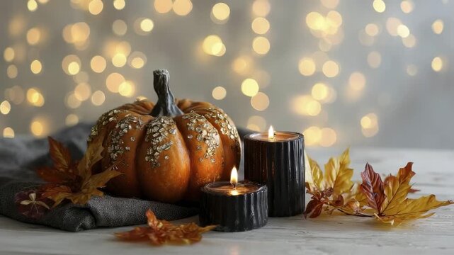 An orange pumpkin decorated with gold flecks sits with two lit black candles and autumn leaves on a wooden surface against a glowing blurred background