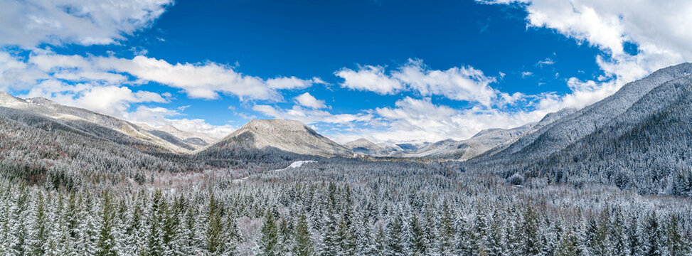 Aerial view of snow-laden trees and mountains under a bright blue sky create a stunning winter wonderland landscape, Mt Hood, Oregon, United States.