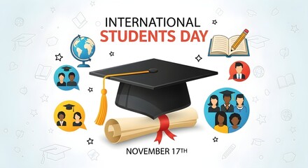 Celebrating International Students Day with academic symbols and diverse people