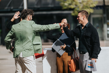 A group of colleagues in casual business attire share a high-five on a sunny outdoor day, signaling...
