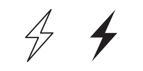 Flash Icon. Lightning, electric power vector design element. Energy and thunder electricity symbol . Lightning bolt sign. Vector illustration with stroke and fill on a white background.