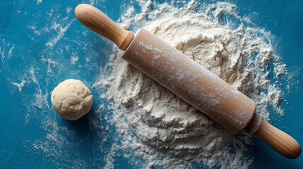 Rolling pin and ball of dough on a blue surface with flour