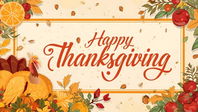 A beautifully composed Thanksgiving scene with warm golden tones and elegant &ldquo;Happy Thanksgiving&rdquo; text written in graceful calligraphy. The background features a rustic wooden table decorated with pum