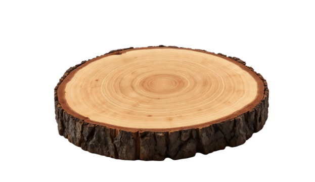 Wooden log slice, tree stump with rings and bark isolated on transparent background