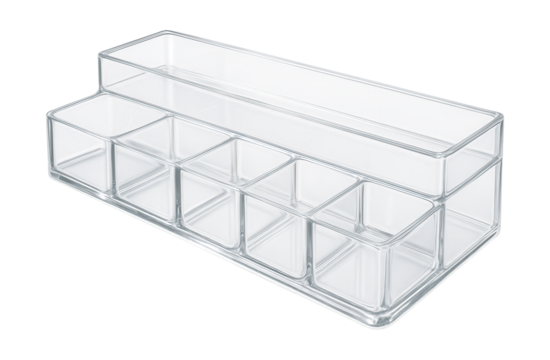 Clear acrylic condiment stand with multiple compartments, perfect for buffet organization.