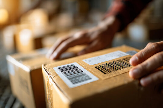 Close-up of logistics barcode stickers on parcel box. Blurred human worker hands preparing package for delivery, marking cardboard parcel.