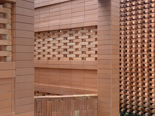 Red bricks for building in construction site for background.