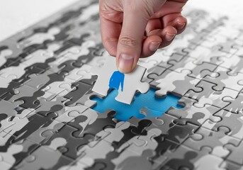 Close up of a hand placing a bright blue puzzle piece into a grayscale jigsaw puzzle