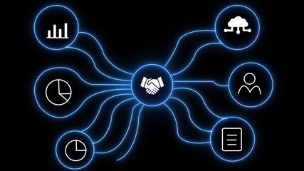 Hand Workflow Diagram with Neon Data Connections for Analytics, Cloud, Users, and Reports 4k video. - Powered by Adobe