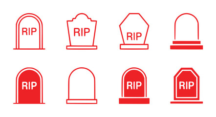 Collection of Red Tombstone Icons with "RIP" Inscriptions on White Background