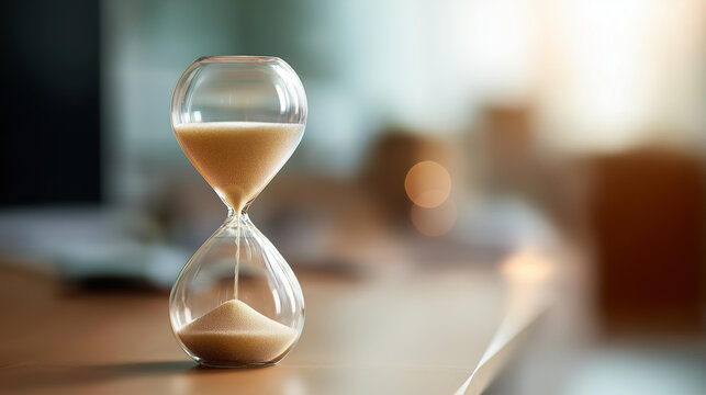 Hourglass with last minute inscription on defocused desk, faceless time urgency, travel visualization detail, blurred office background, vacation sale concept, tourism interface, d
