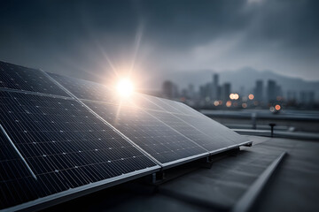 Solar Energy Panels with City Skyline at Dusk for Sustainable Urban Power Solutions