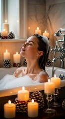 A serene woman with her eyes closed enjoys a relaxing bubble bath in a vintage tub surrounded by the warm glow of many lit candles.