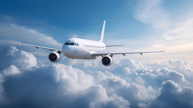 White airplane flying in blue sky defocused clouds, faceless aviation banner, flight visualization detail, blurred cloudscape background, travel concept, company interface, web dis