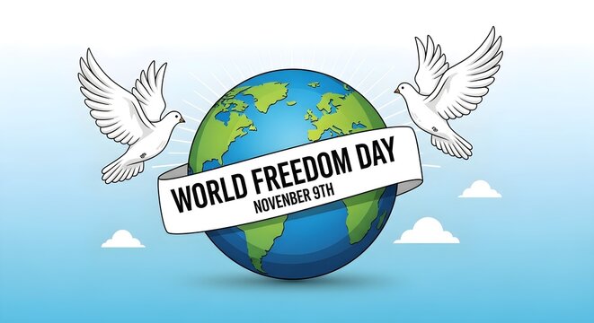 Two doves fly around a vibrant globe with a banner proclaiming World Freedom Day, symbolizing global peace and unity.